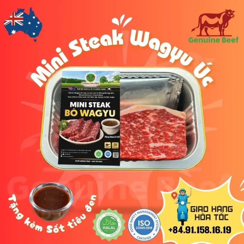Mini steak bò Wagyu Úc kèm sốt tiêu đen