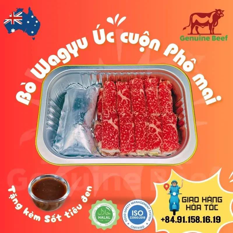 Bò Wagyu Úc cuộn phô mai Mozzarella kèm sốt tiêu đen