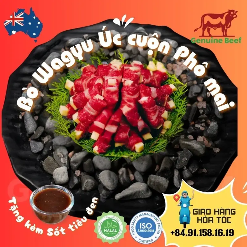 Bò Wagyu Úc cuộn phô mai Mozzarella kèm sốt tiêu đen