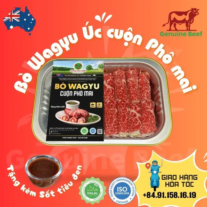 Bò Wagyu Úc cuộn phô mai Mozzarella kèm sốt tiêu đen